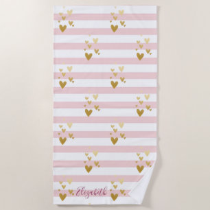 Gold Hearts Stripes Beach Towel