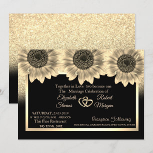 Gold Hearts,Sunflowers,Glitter Wedding Invitation