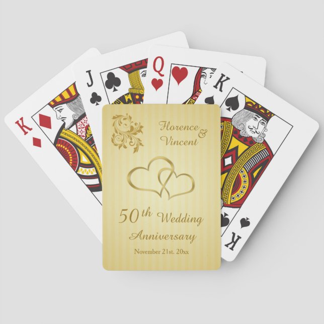 Gold hearts, swirls 50th Wedding Anniversary Playing Cards (Back)