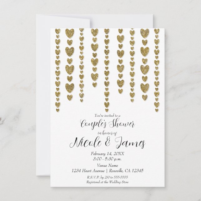 Gold Hearts Valentine Couple's Wedding Shower  Invitation (Front)
