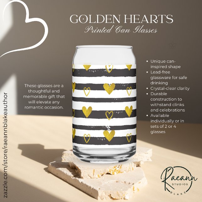Gold Hearts Valentine's Love Printed Can Glasses (Creator Uploaded)