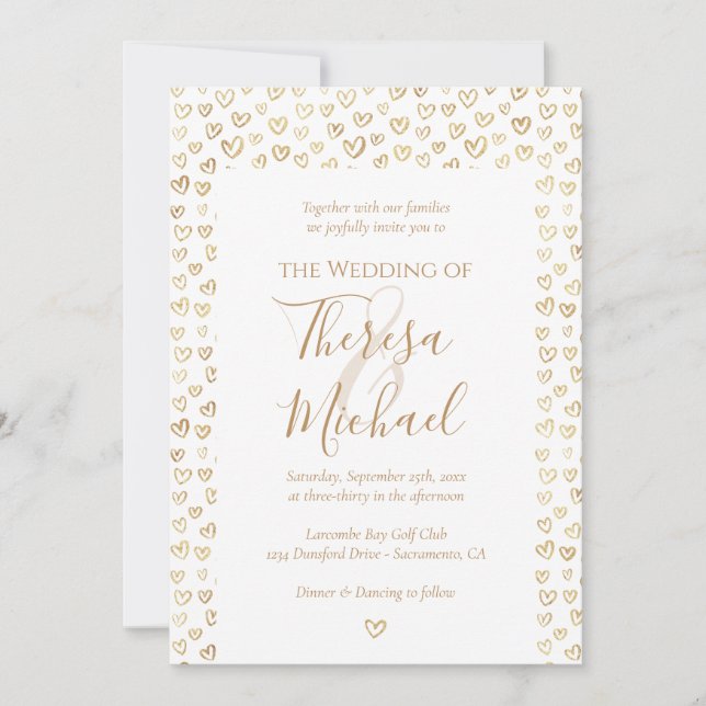 Gold Hearts Wedding Invitation (Front)