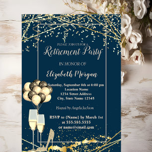 Gold Heels,Glass,Balloons,Navy Blue Retirement Invitation