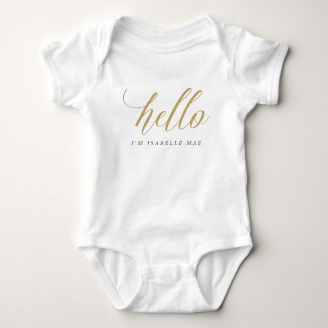 Gold Hello Personalized Name Baby Bodysuit (Front)
