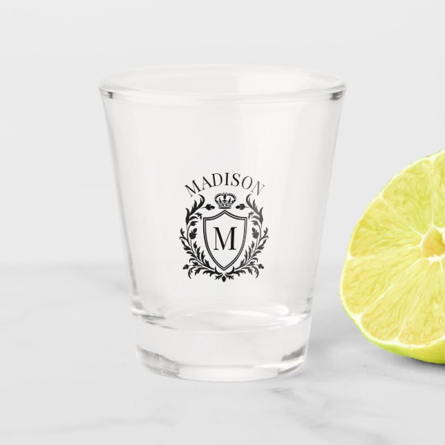 Gold Heraldic Crest Crown Monogram Shot Glass (Front)