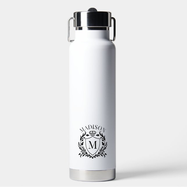 Gold Heraldic Crest Crown Monogram Water Bottle (Front)