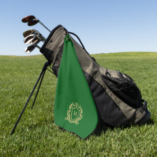 Gold Heraldic Shield Monogram On Green Golf Towel