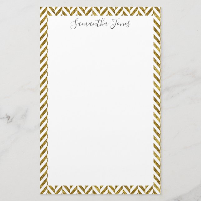 Gold Herringbone Pattern Metallic | Personalized Stationery (Front)