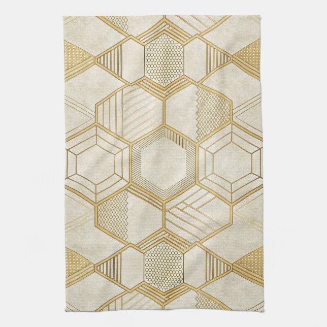 Gold Hexagon Geometric Cream Marble Pattern Kitchen Towel (Vertical)