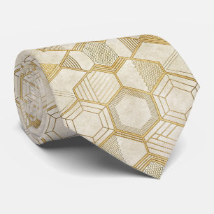 Gold Hexagon Geometric Cream Marble Pattern Tie