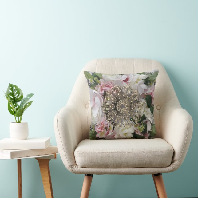Gold Hexagon Mandala Floral Chic Throw Pillow (Chair)