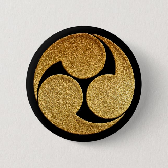 Gold Hidari Mitsu Tomoe Kamon 2 Inch Round Button (Front)