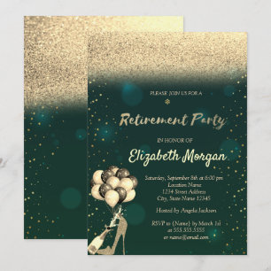 Gold High Heel Balloons Green Glitter Retirement  Invitation