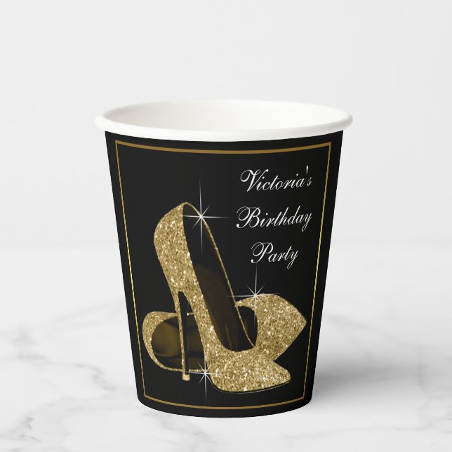 Gold High Heel Shoe Birthday Party Paper Cups (Front)