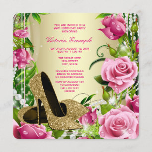 Gold High Heel Shoe Womans Rose Birthday Party Invitation