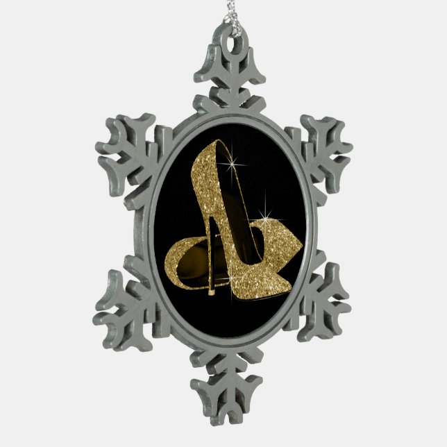 Gold High Heel Shoes Snowflake Pewter Christmas Ornament (Left)