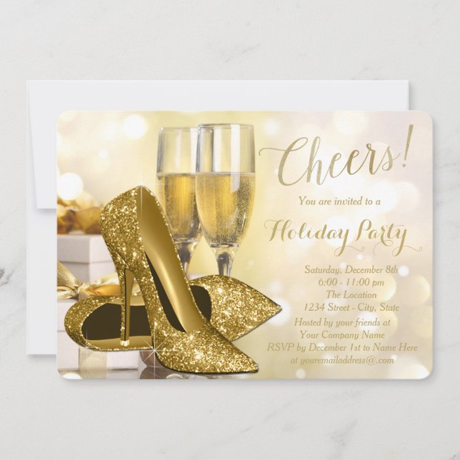 Gold High Heels Champagne Corporate Holiday Party Invitation (Front)
