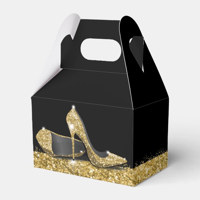 Gold High Heels Confetti Stripe Elegant Black Favor Box (Front Side)