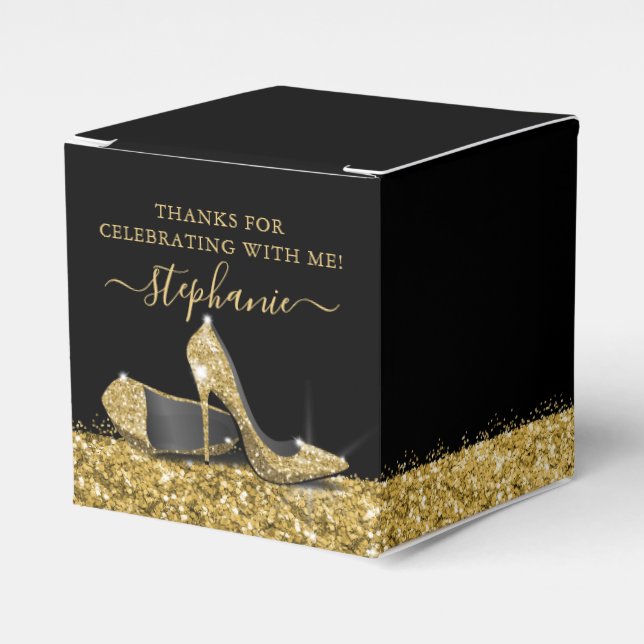 Gold High Heels Glitter Glam Birthday Party Favor Box (Front Side)