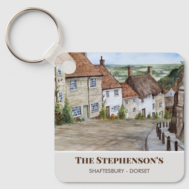 Gold Hill Shaftesbury Dorset England Watercolor Keychain (Front)