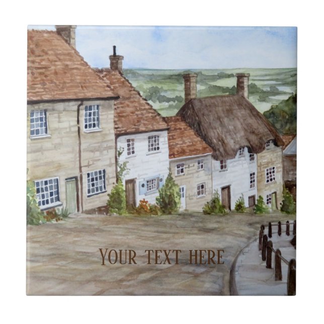 Gold Hill, Shaftesbury, Dorset Watercolor Painting Tile (Front)