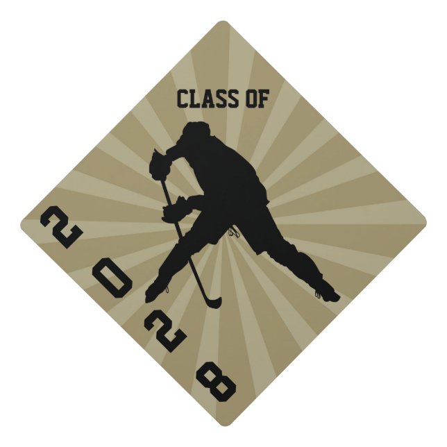 Gold Hockey Black Silhouette Personalized Graduation Cap Topper (Front)