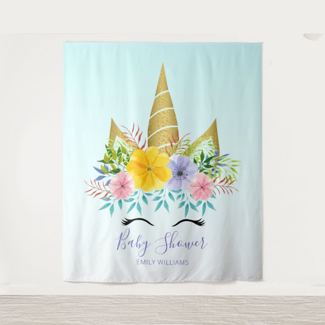 Gold hold floral unicorn baby shower tapestry (Front)
