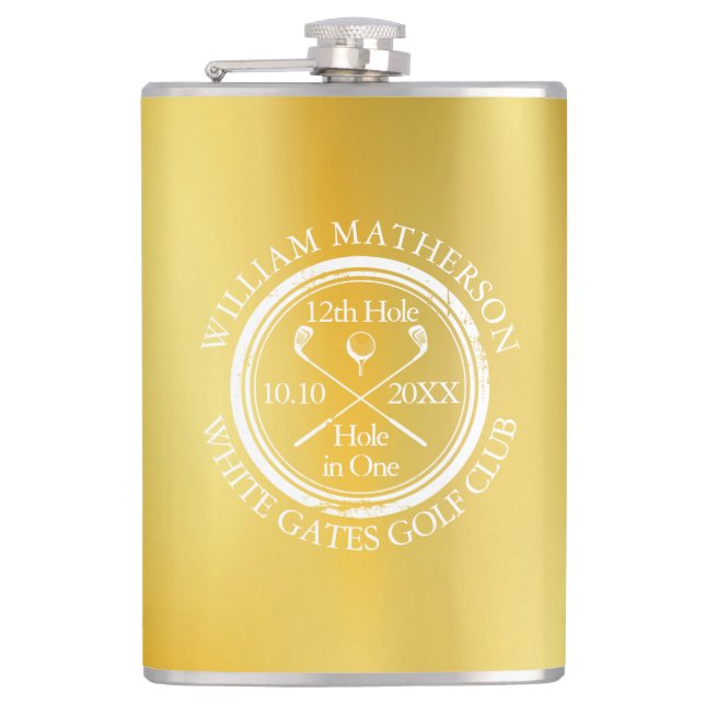 Gold Hole in One Classic Golf Personalized Hip Flask (Front)