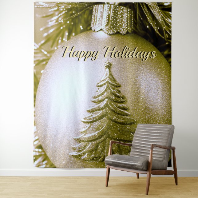Gold Holiday Christmas Ball Backdrop Tapestry (In Situ)
