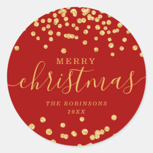 Gold Holiday Christmas Glitter Confetti Red Classic Round Sticker