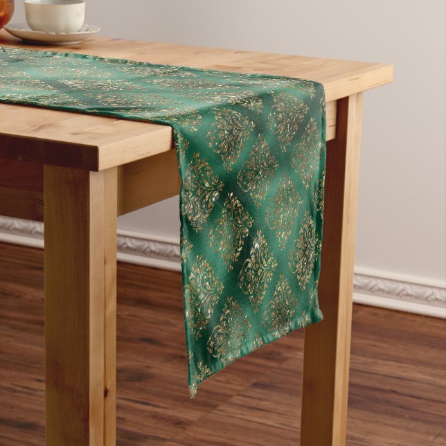 Gold Holiday Christmas Metallic Damask Elegant Short Table Runner (In Situ)