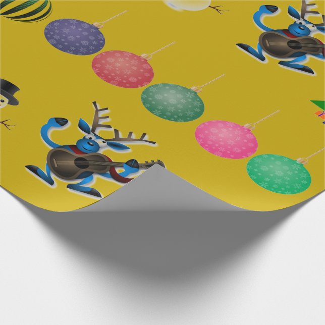 Gold  Holiday Fun Deer Snowman Wrapping Paper (Corner)