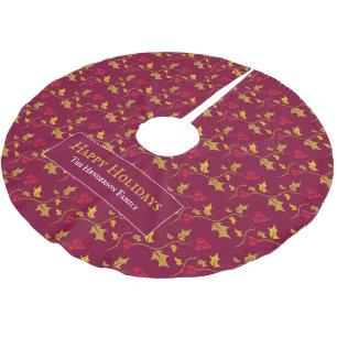 Gold holly and red berries foliage pattern custom brushed polyester tree skirt
