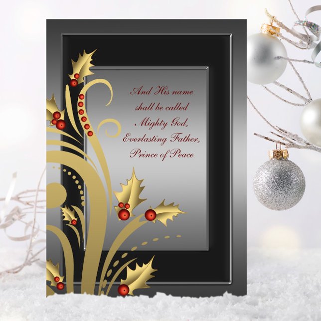 Gold Holly Cartes de Noël chrétiennes (Christian Christmas card with elegant red and gold holly swirl.)