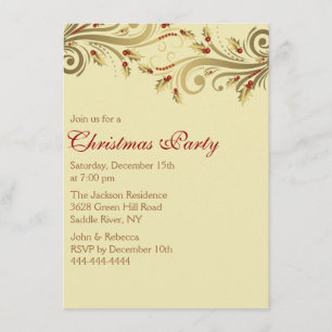 Gold Holly Flourish Christmas Party Invite