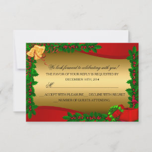 Gold Holly Leaves Bell Christmas Holiday RSVP Card