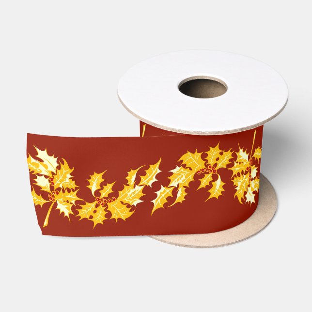 Gold Holly on Red Satin Ribbon (Spool)