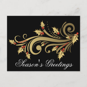 Gold Holly & Scroll Customizable Holiday Postcard