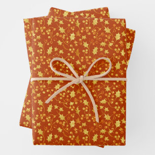 Gold Holly Wrapping Paper Sheet