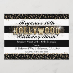 Gold Hollywood Black & White Stripes Invitations