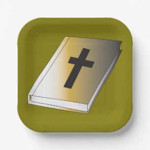 Gold Holy Bible with Black Cross Religious Paper Plate