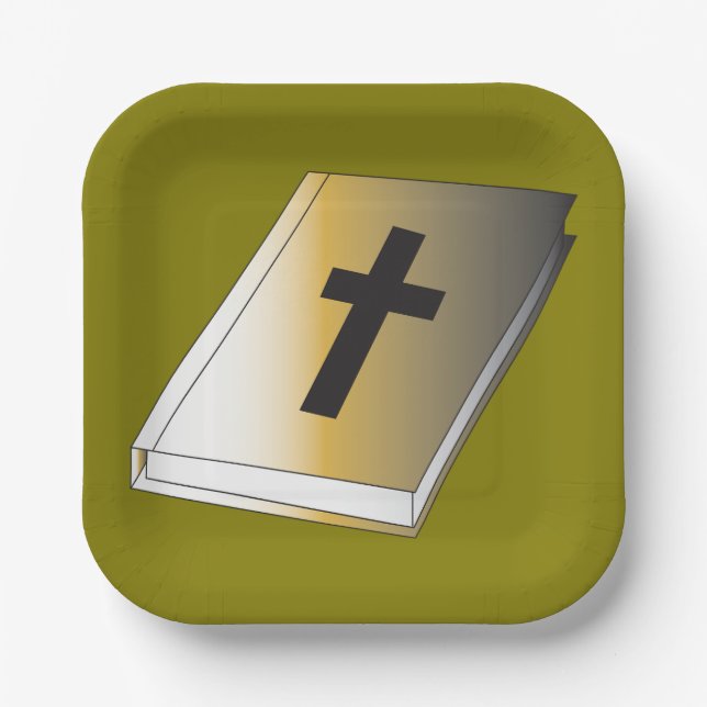 Gold Holy Bible with Black Cross Religious Paper Plate (Front)