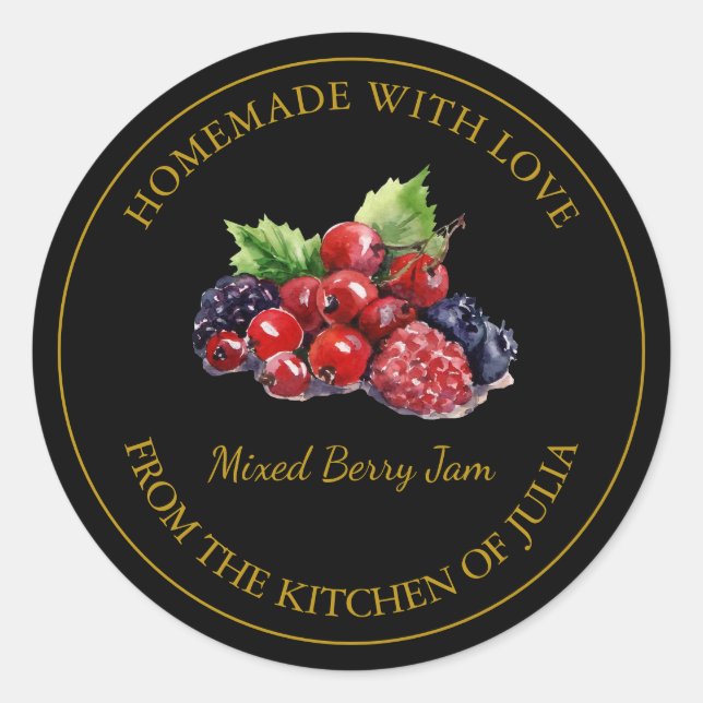 Gold Homemade Mixed Berry Jam Label | Black (Front)