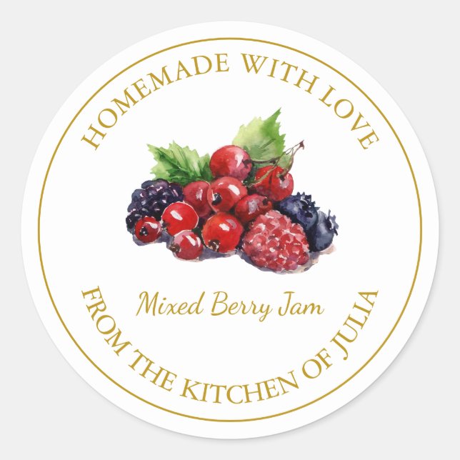 Gold Homemade Mixed Berry Jam Label | White (Front)