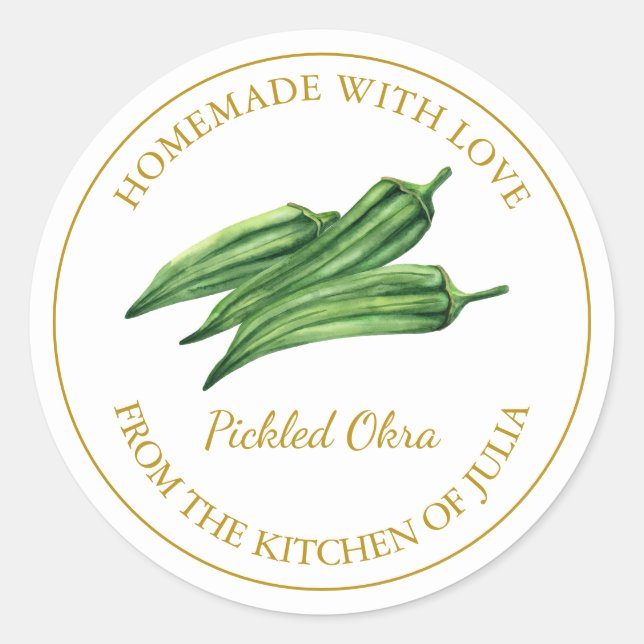 Gold Homemade Pickled Okra Label | White (Front)