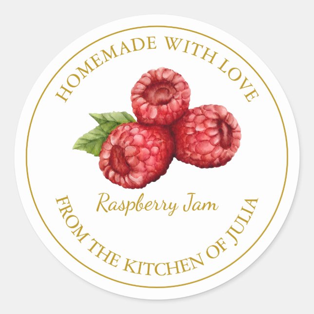 Gold Homemade Raspberry Jam Label | White (Front)