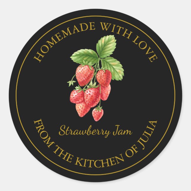 Gold Homemade Strawberry Jam Label | Black (Front)