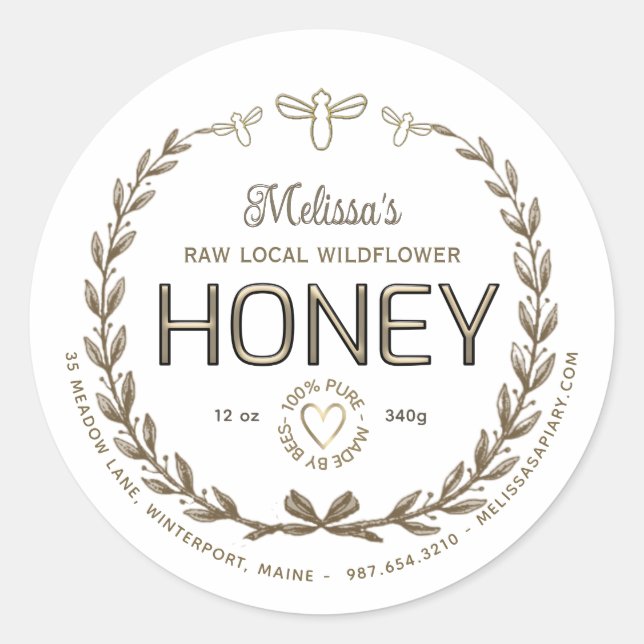 Gold Honey Embossed Text Bees Heart Wreath Taupe Classic Round Sticker (Front)