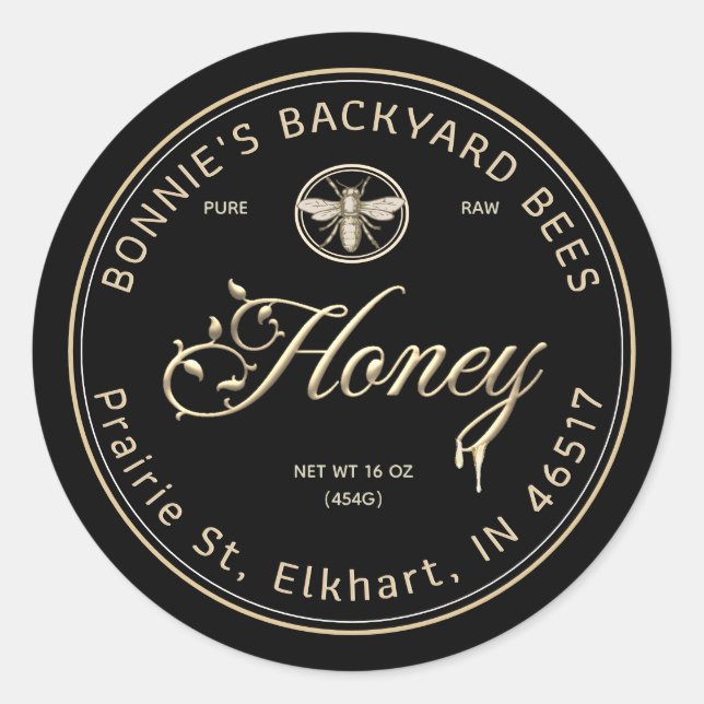 Gold Honey Script Floral Font Heraldic Bee Black C Classic Round Sticker (Front)