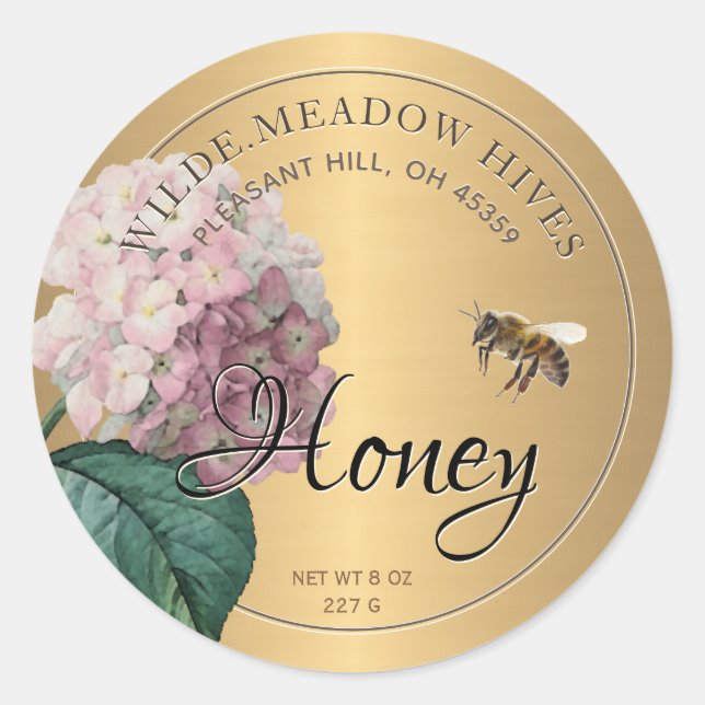 Gold Honey Sticker with bee pink hydrangea flower (Front)